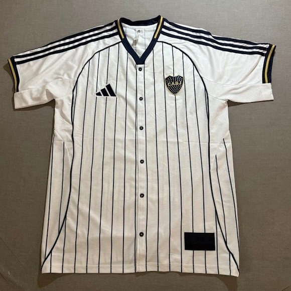 Adidas Boca Juniors Soccer Mathew Jersey Button Up Shirt White Stripes Football - Picture 1 of 8